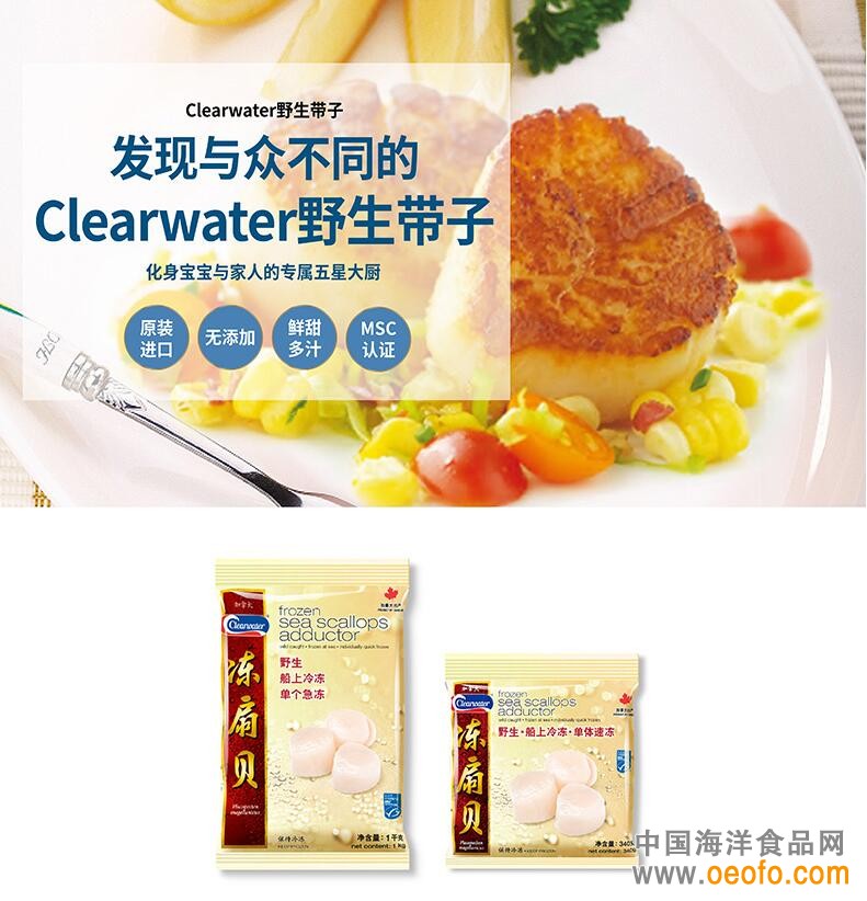 learwater原装进口冷冻带子海扇贝340g/袋